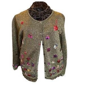 VTG Christina Rotelli Metallic Gold Beaded Sequin Cardigan S Novelty Twee‎ Retro